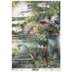 Papier ryżowy ITD A4 R2323, leśne jeziorko, feniks, jednorożec